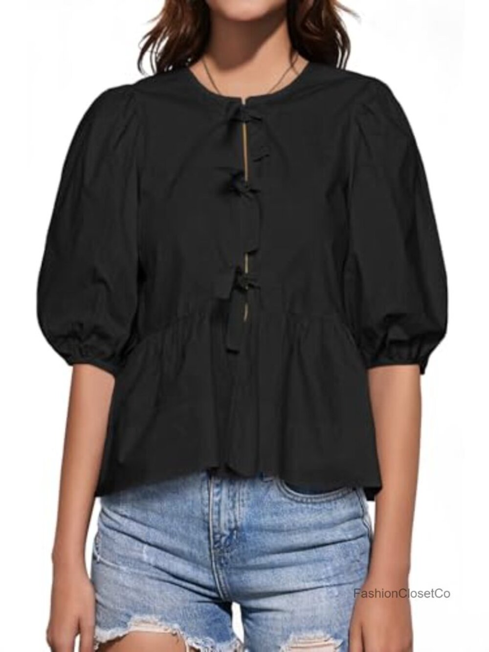 Women's Cotton Tie Front Peplum Blouse Puff Short Sleeve Babydoll Top